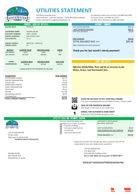 USA Florida City of Edgewater business utility bill template in Word and PDF formats